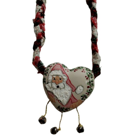 VTG Santa Christmas Hanging Decor Ceramic Santa Hand Painted Bells Cloth Braided - Picture 1 of 4